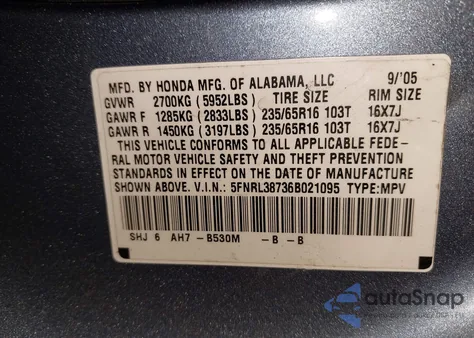 2006 Honda Odyssey Ex-L z USA, uszkodzony, nr VIN 5FNRL38736B021095